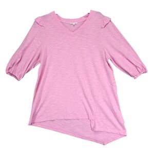 Joh. Pink Tunic Top Womens M Asymmetrical Hem Ruffle Puff Sleeve Cotton Linen
